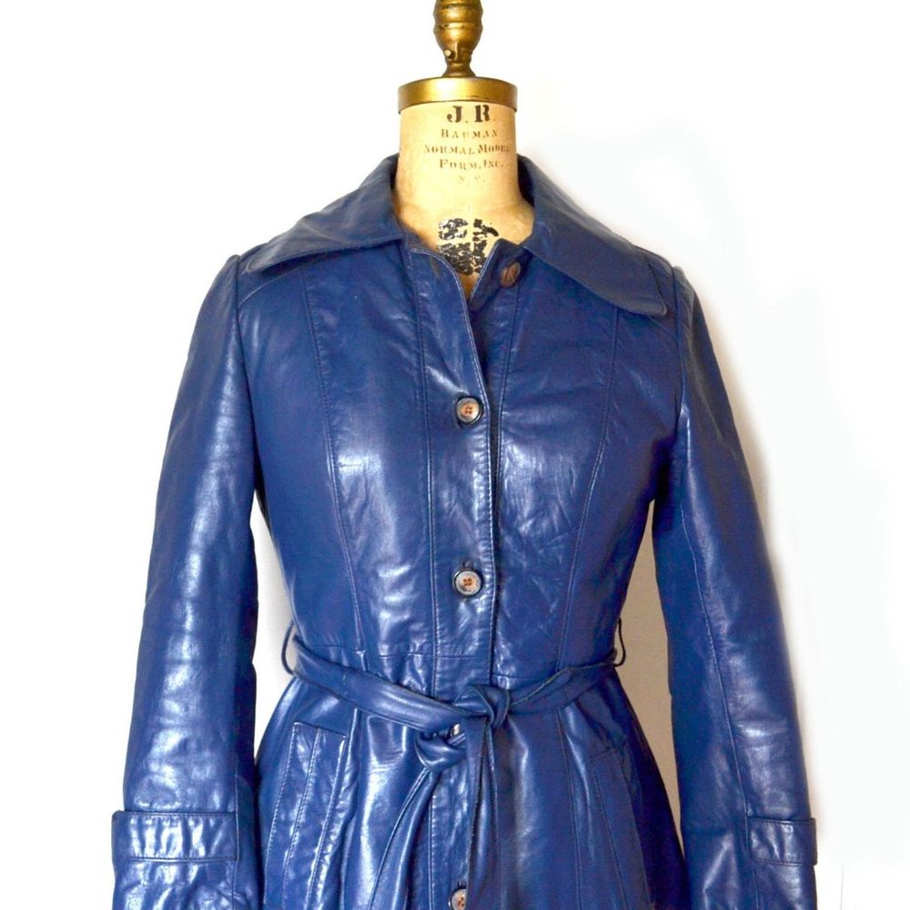 70s Blue Leather Coat Mod Belted Trench Retro
